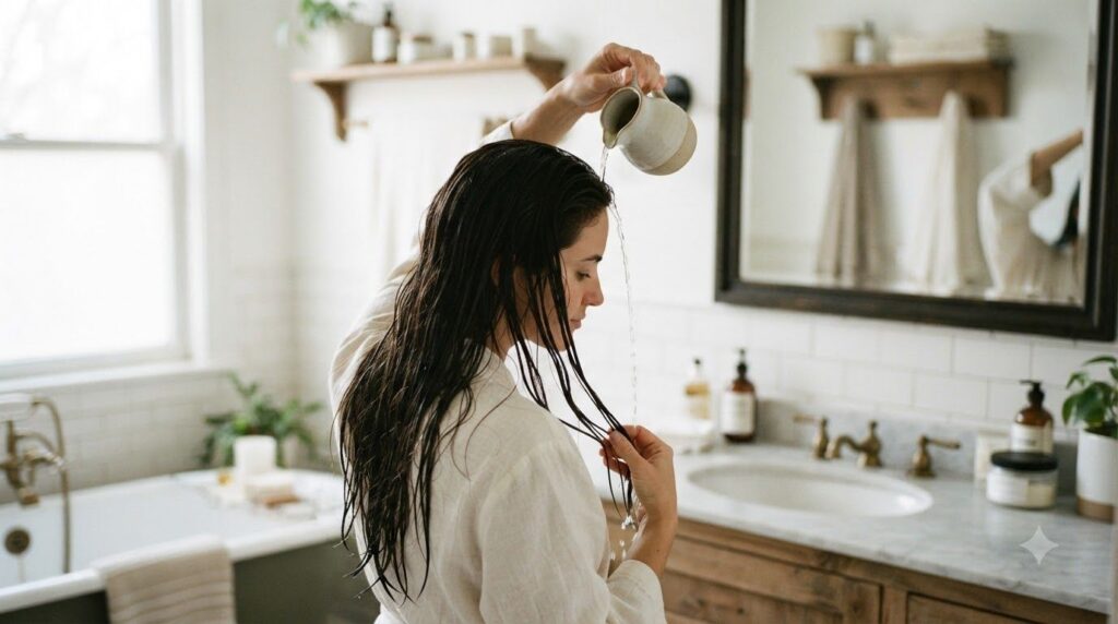 A woman applying rice water to her hair in the shower or bathroom gently pouring it over her strands