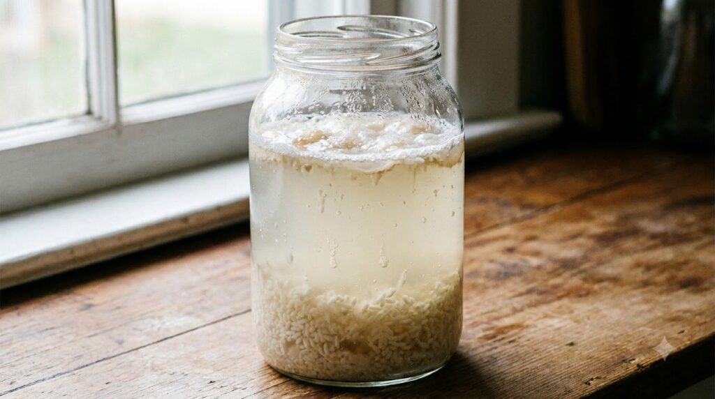 A glass jar with cloudy fermented rice water indicating the fermentation process is underway