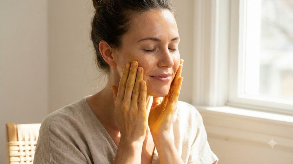 A woman gently massaging the golden-yellow turmeric baby oil mixture onto her clean face with soft natural light highlig