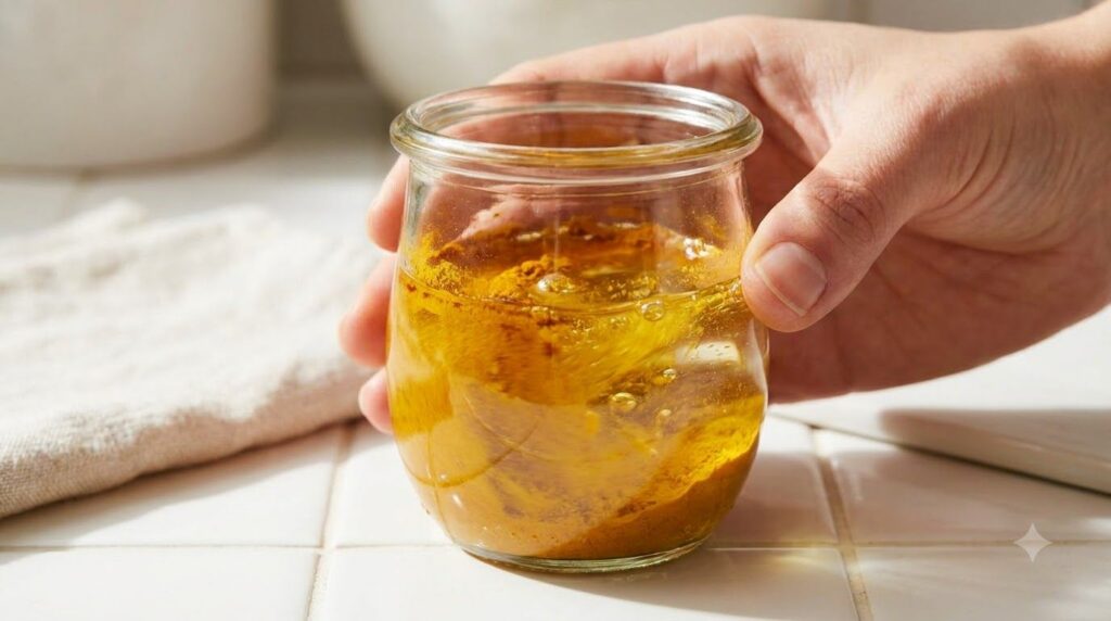 A small clear glass jar with a golden-yellow turmeric and baby oil mixture being shaken gently to show the ingredients b