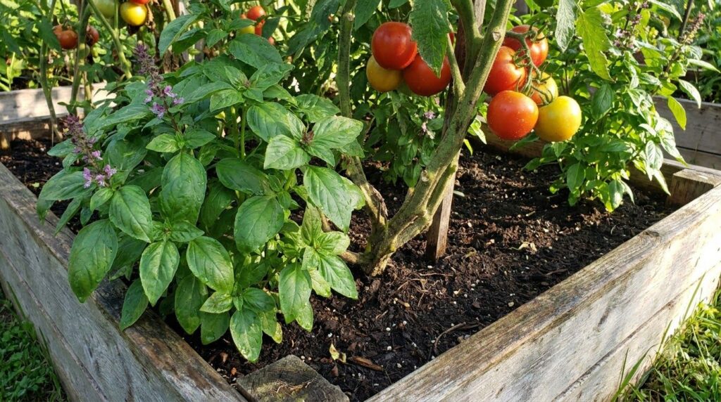 A close-up shot of basil plants growing healthily at the base of a thriving tomato plant in a garden bed illustrating a 