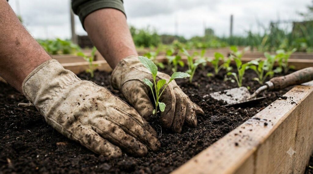 A gardener s hands gently planting a small seedling into a prepared garden bed surrounded by other young plants The soil