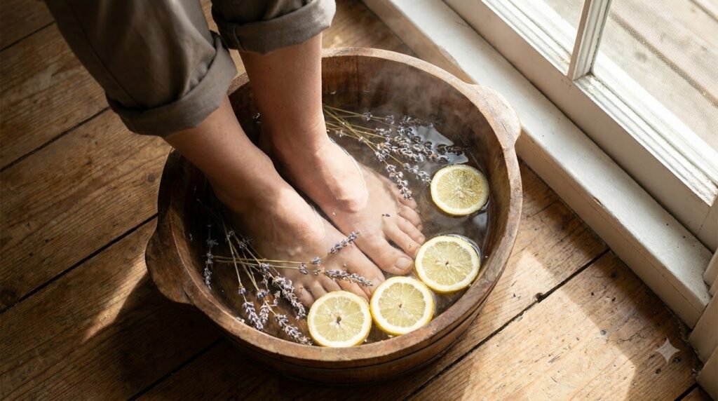A person s feet soaking in a warm bubbly foot bath with lavender flowers and lemon slices floating creating a serene and
