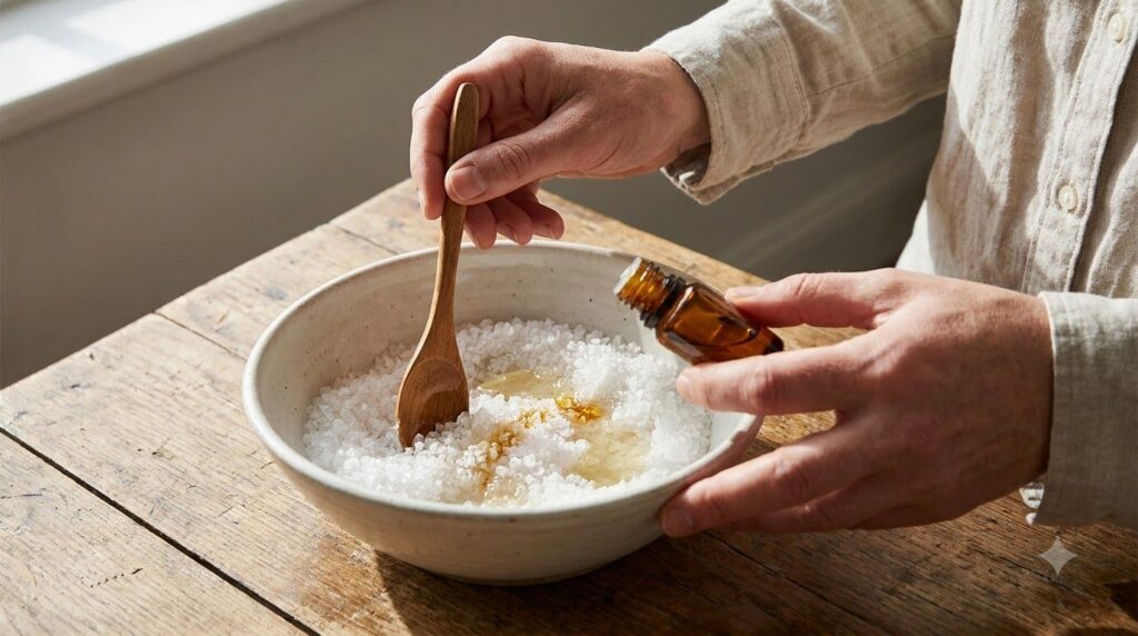 A close-up shot of hands mixing Epsom salts lavender essential oil and a carrier oil in a small bowl before adding to a