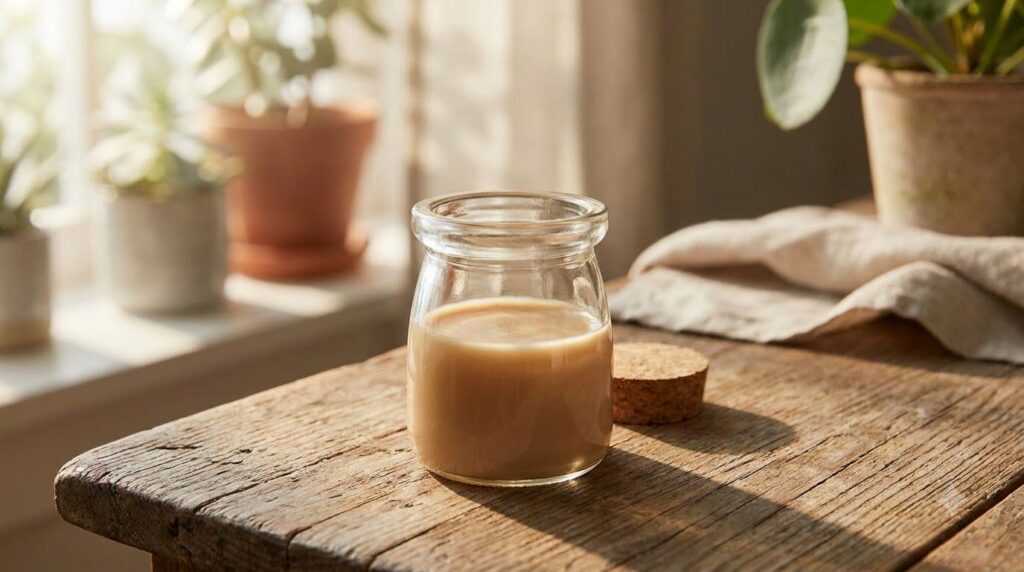 A small glass jar containing the freshly made Vaseline and clove balm with a smooth light brown consistency