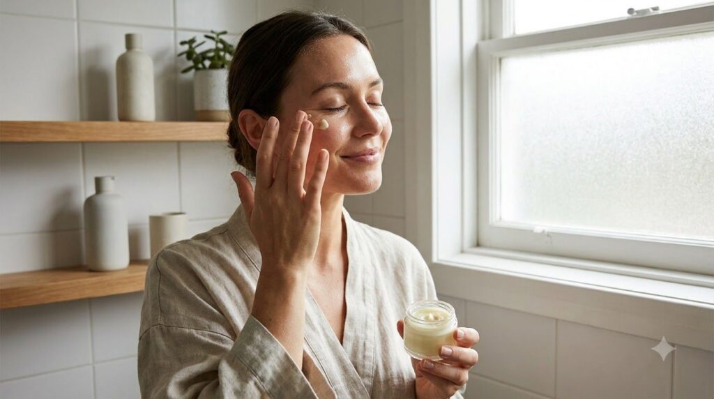 A woman gently massaging a small amount of balm onto her face focusing on the area around her eyes with a serene express