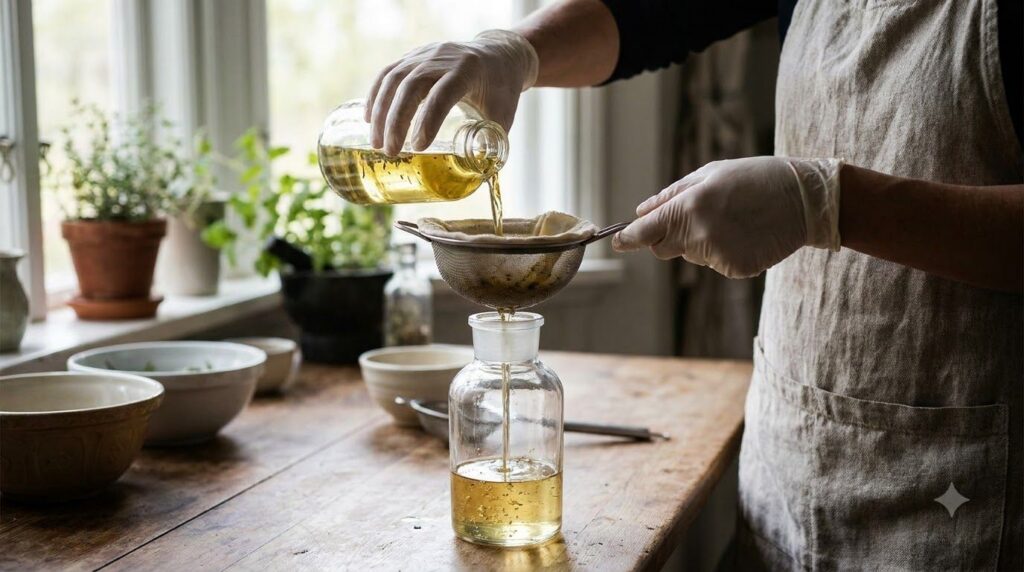 Hands gently straining infused coconut oil through a fine mesh sieve into a glass bottle The oil has a light golden hue 