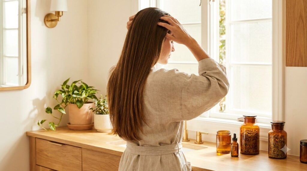 A woman gently massaging the infused coconut oil into her scalp and hair with her fingertips Her hair looks healthy and 