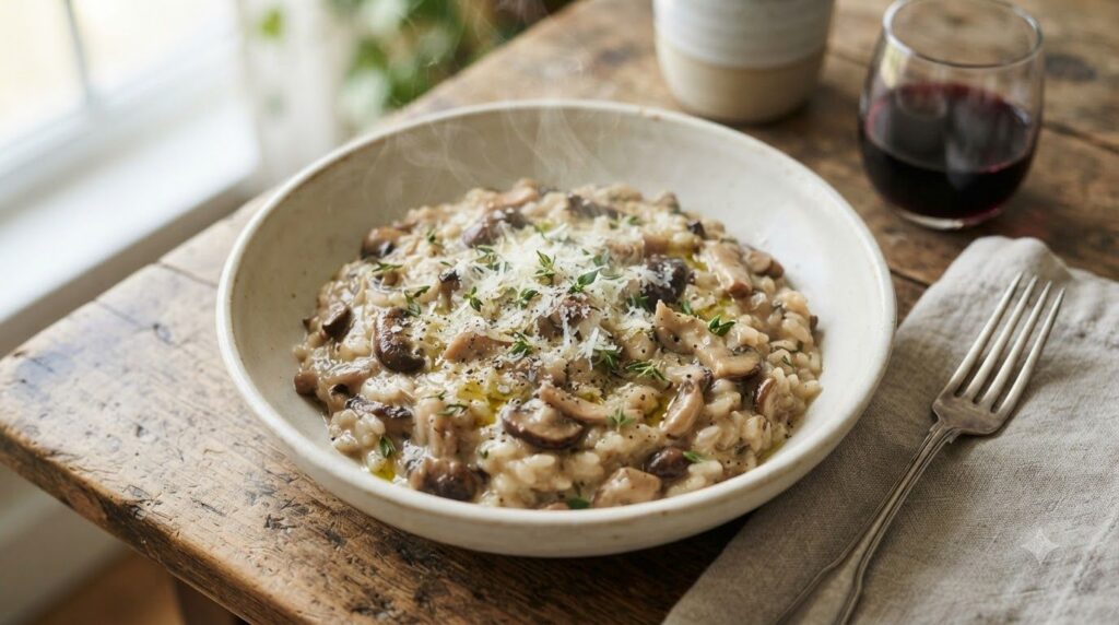 A creamy steaming bowl of mushroom risotto garnished with fresh herbs and grated Parmesan cheese