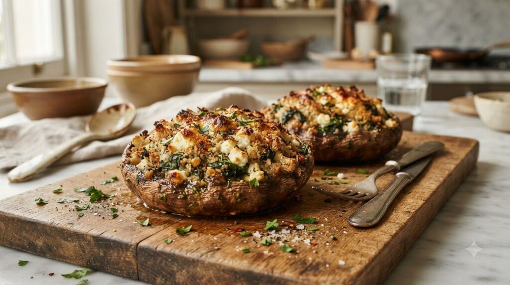 Two large baked stuffed Portobello mushrooms overflowing with a savory filling of breadcrumbs vegetables and cheese on a