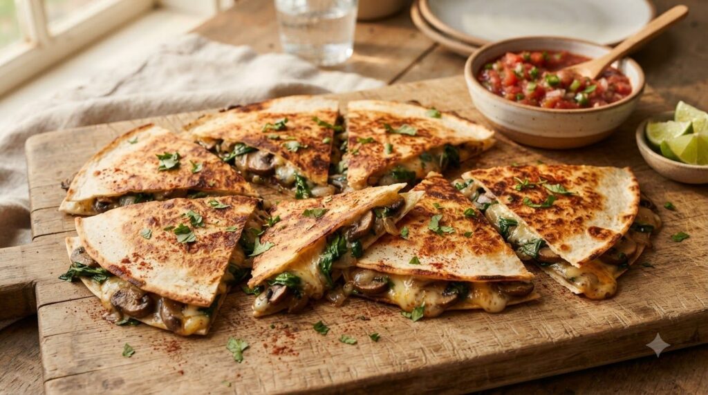 Golden brown quesadillas filled with melted cheese sautéed mushrooms and spinach cut into wedges on a serving board