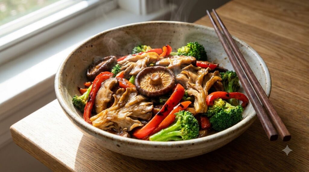 A vibrant and colorful Asian mushroom stir-fry served in a bowl with chopsticks featuring various mushrooms bell peppers