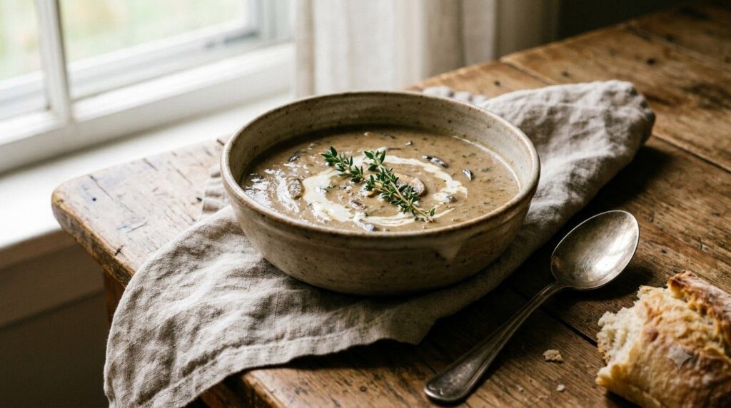 A cozy bowl of creamy mushroom and thyme soup garnished with a sprig of fresh thyme and a swirl of cream on a rustic woo