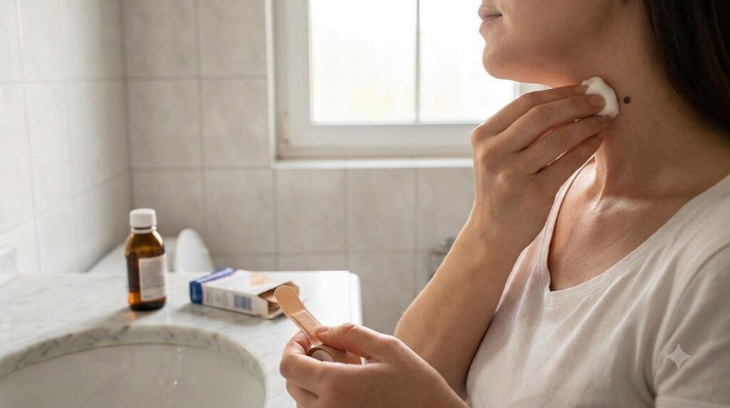A woman s hand applying a small cotton ball soaked in liquid to a skin tag on her neck securing it with a bandage