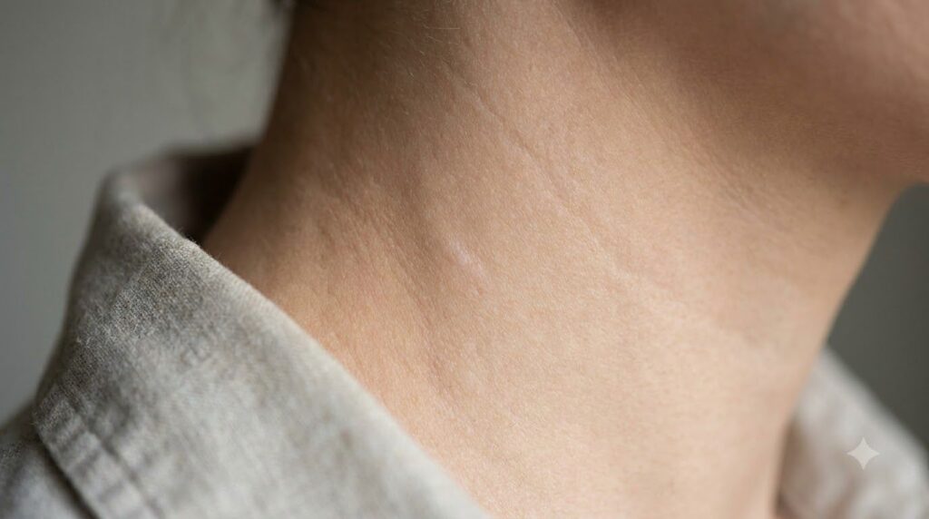 A close-up of smooth clear skin on a neck where a skin tag might have been symbolizing successful treatment