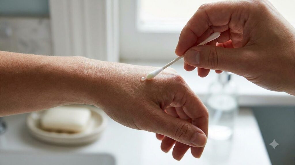 A person carefully applying diluted apple cider vinegar to a small skin spot with a cotton swab