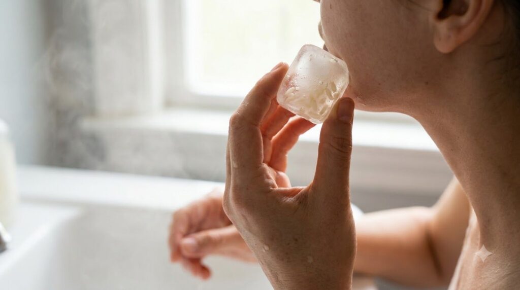 A person holding a rice water ice cube ready to apply it to their clean face with a blurred bathroom background