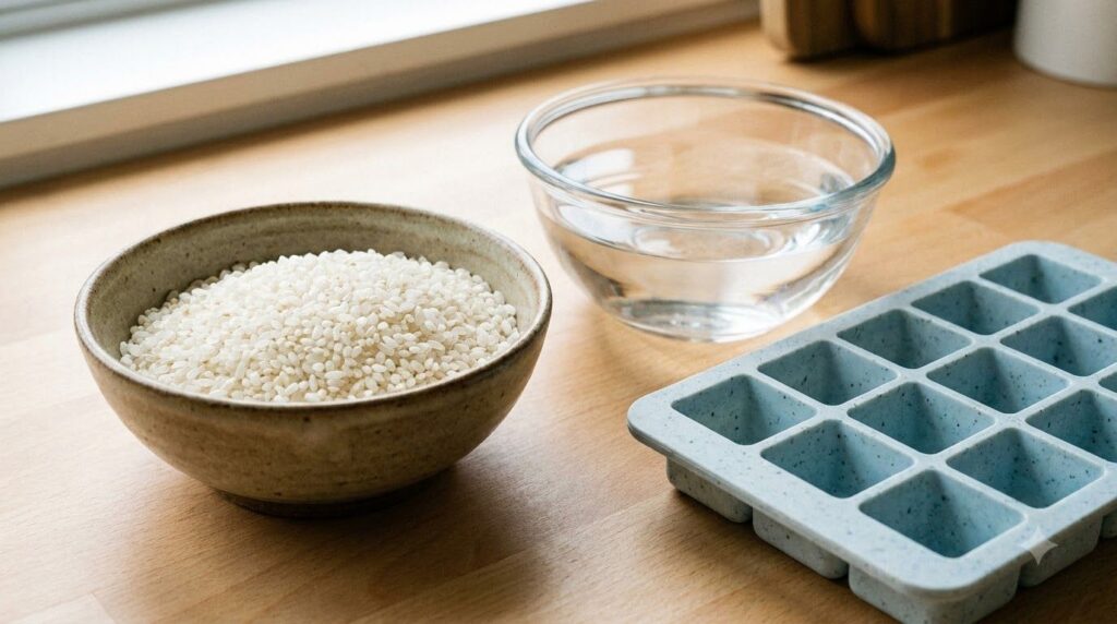 A close-up of a bowl of uncooked white rice a bowl of filtered water and an empty ice cube tray ready for preparation