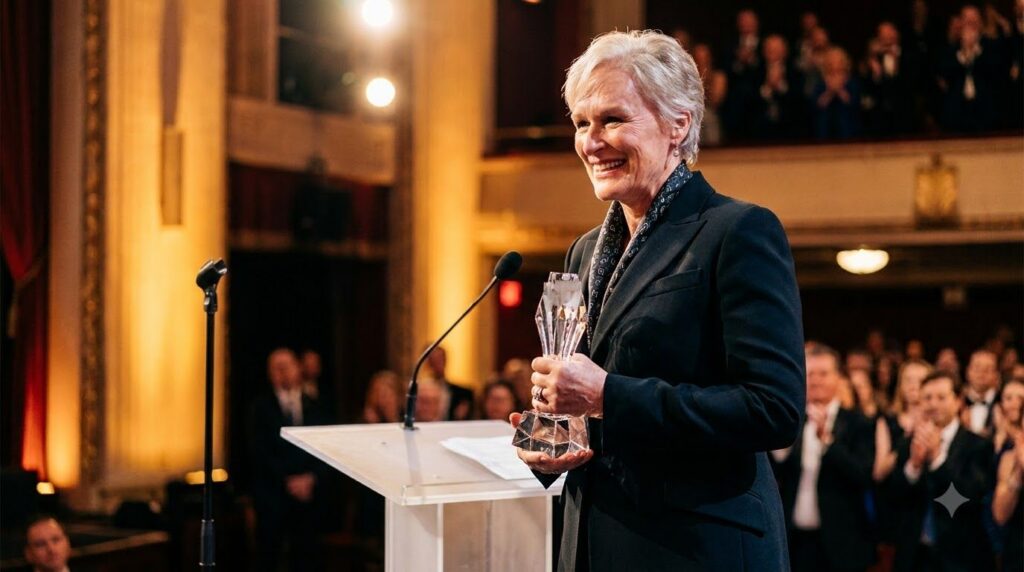 Glenn Close accepting an award on stage smiling warmly reflecting her respected status in Hollywood