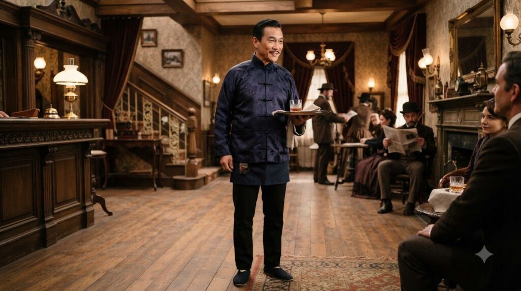 Kam Tong as Hey Boy in Have Gun Will Travel dressed in period attire possibly serving Paladin or looking attentive