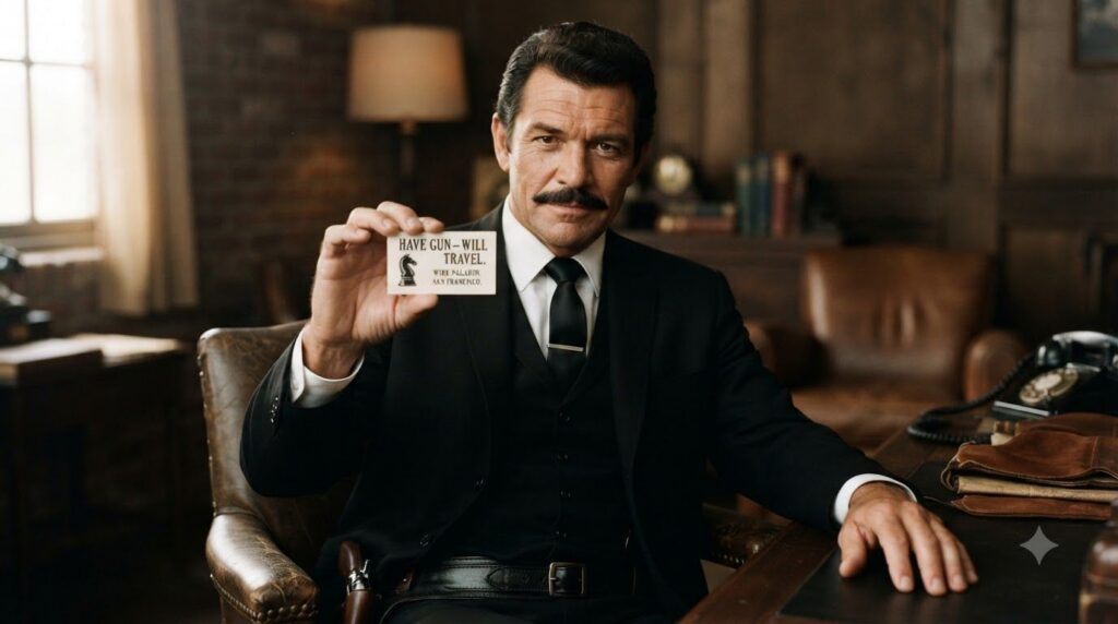 Richard Boone dressed as Paladin in a formal black suit holding a business card that reads Have Gun Will Travel Wire Pal