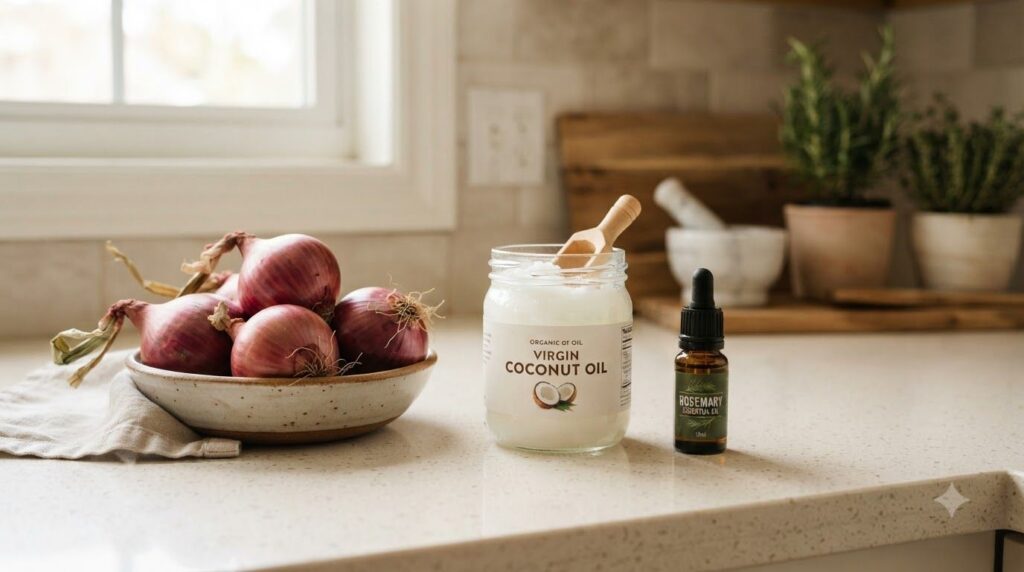 Ingredients laid out for making onion hair oil onions coconut oil and a small bottle of essential oil