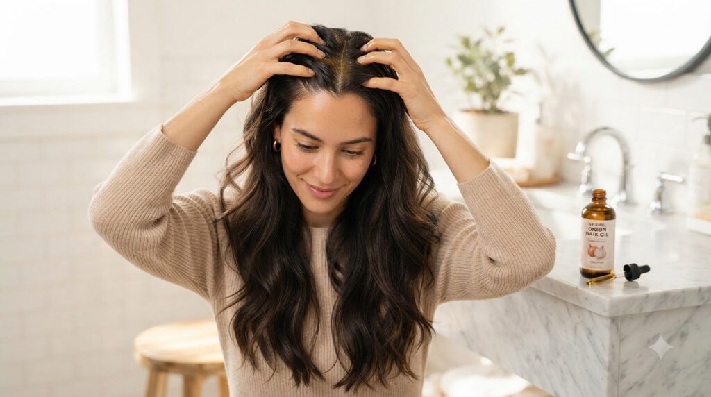 A woman gently massaging homemade onion hair oil into her scalp
