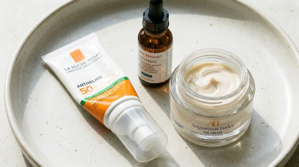 A variety of skincare products including sunscreen vitamin C serum and a moisturizer arranged neatly representing a comp