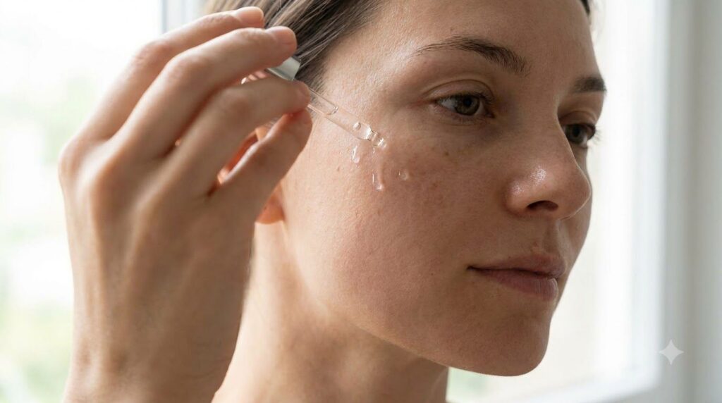 A close-up of a woman applying a small amount of a clear serum to her cheek with visible dark spots representing a safe 