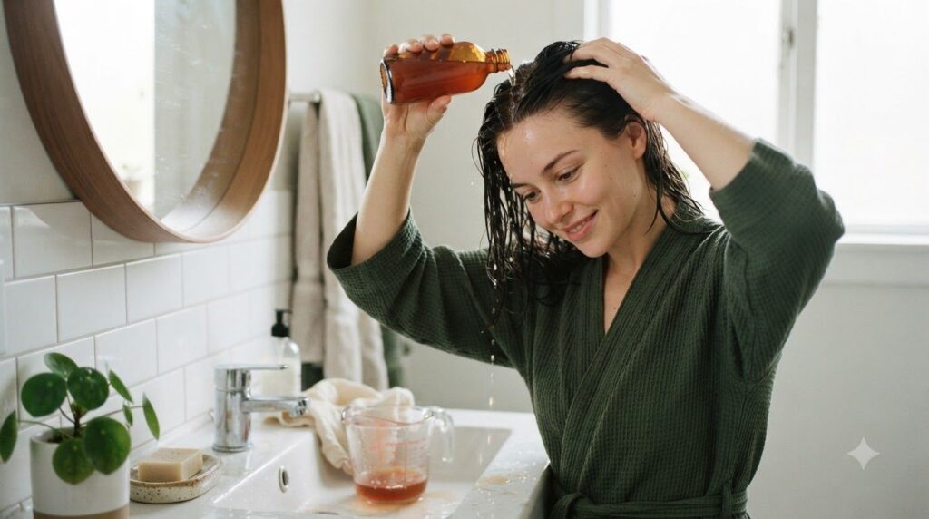 A woman gently pouring a red onion hair rinse over her scalp and hair after washing with her eyes closed in a moment of