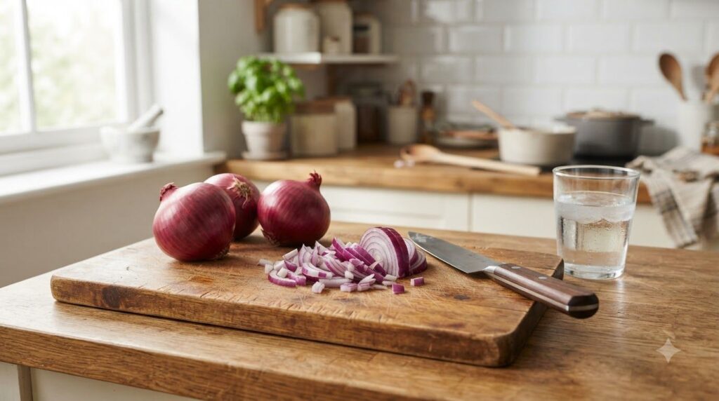 Fresh red onions on a cutting board ready to be chopped next to a glass of water