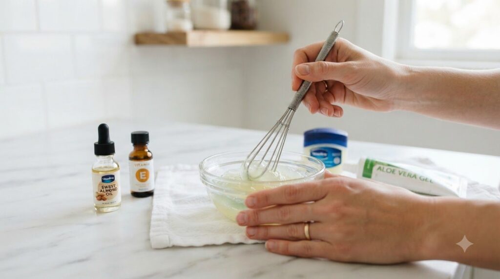 Close-up shot of hands mixing Vaseline aloe vera gel vitamin E oil and almond oil in a small glass bowl with a mini whis