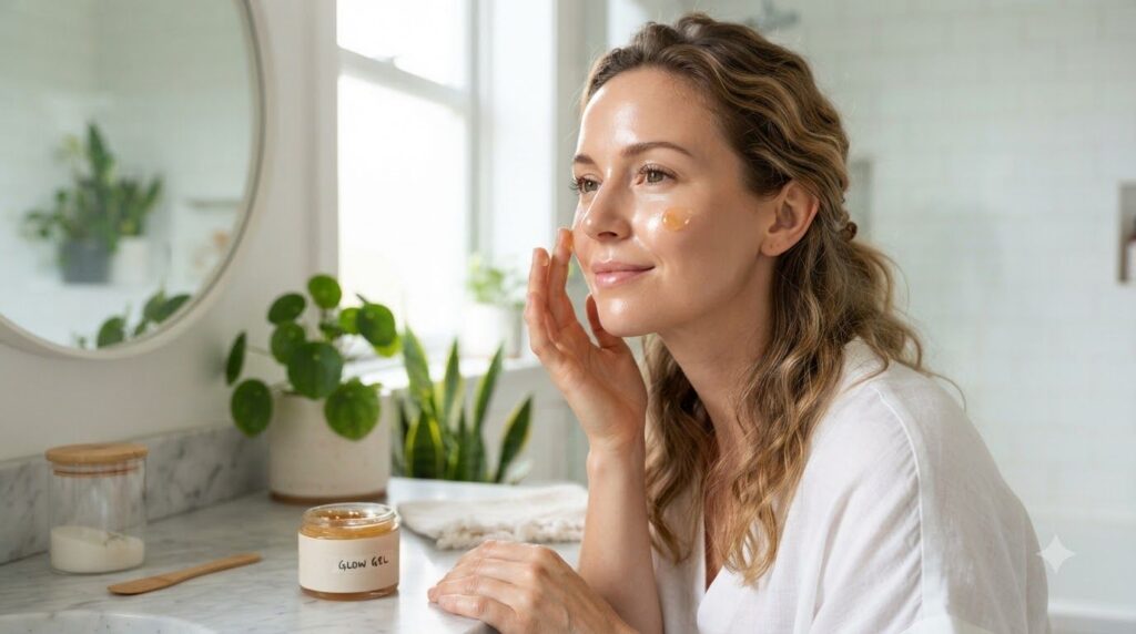 A woman gently applying a small amount of the homemade glow gel to her cheek with her fingertips Her skin looks smooth a