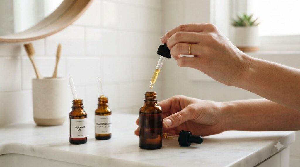 A close-up of a hand mixing rosehip oil jojoba oil and frankincense essential oil into a small glass dropper bottle on a