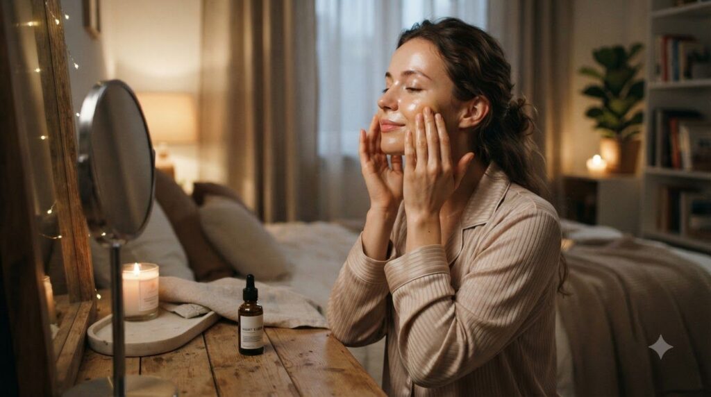 A woman gently massaging the oil blend onto her face as part of her nightly skincare routine showing the application pro