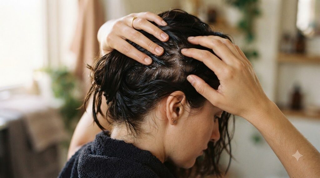 A person gently massaging onion hair water into their scalp