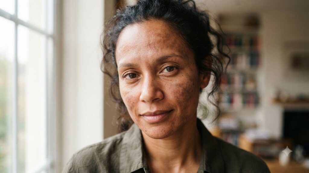 Close-up of a person s face with blotchy severe hyperpigmentation and redness specifically around the cheek and forehead