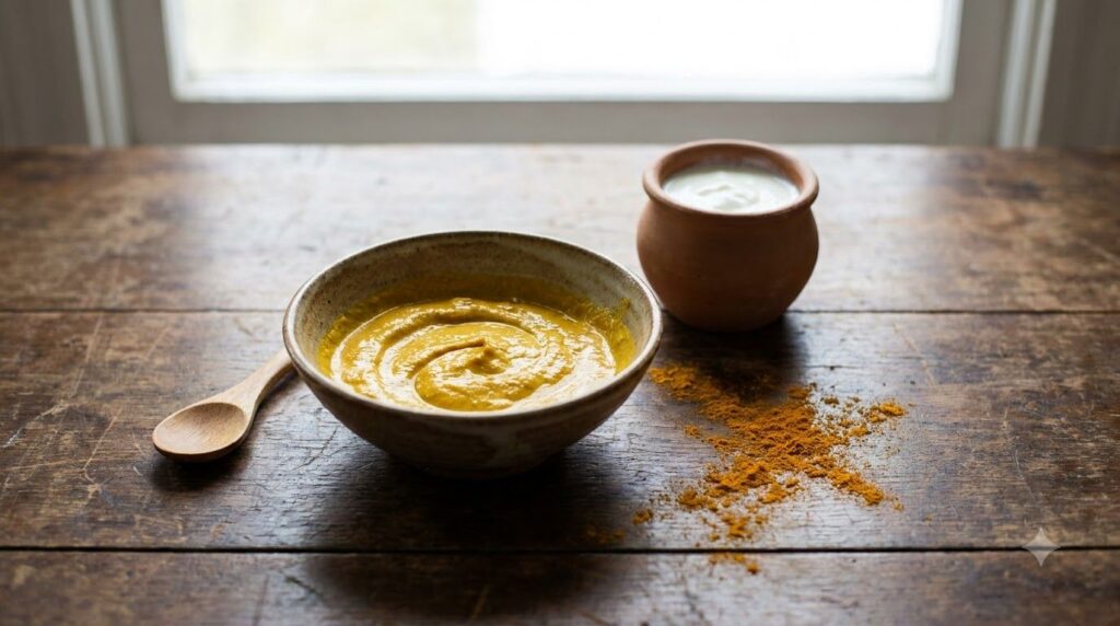A small ceramic bowl with a yellow turmeric and yogurt paste mask with a wooden spoon a small pot of yogurt and a pinch 
