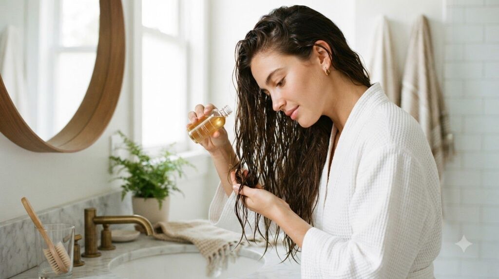 A woman gently pouring a clear amber-tinted liquid from a glass bottle over her freshly washed hair in a shower Her hair