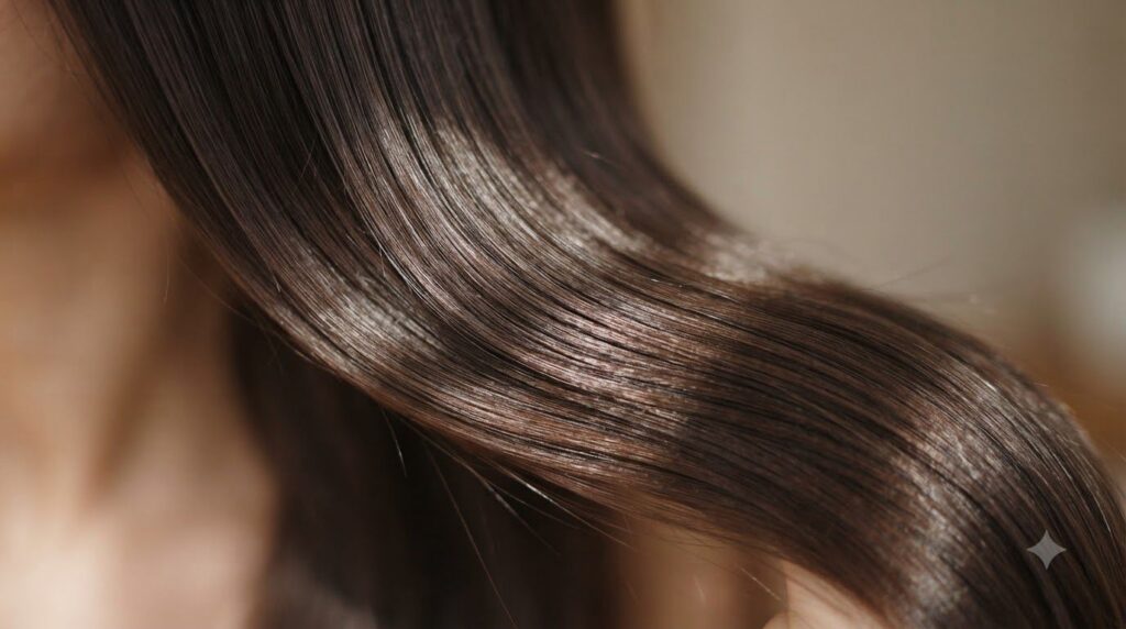 A close-up of healthy shiny hair strands possibly dark brown reflecting light beautifully The hair looks smooth and well