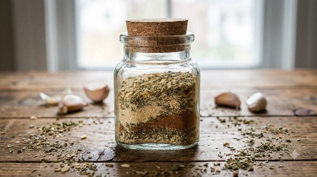 A small clear glass jar filled with a homemade blend of dried garlic granules dried oregano and ground cinnamon ready fo