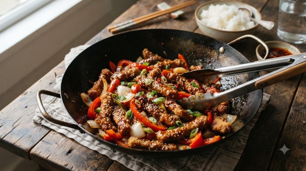 Crispy strips of beef coated in a sweet and tangy chili sauce mixed with red bell peppers and onions served in a wok wit