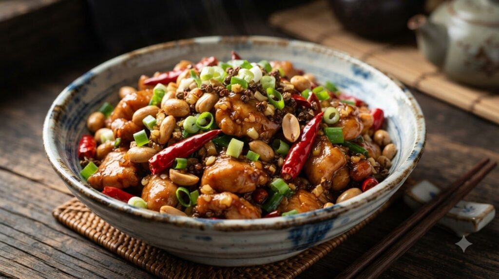 Stir-fried chicken pieces with peanuts red chili peppers and green vegetables in a savory brown sauce served with rice