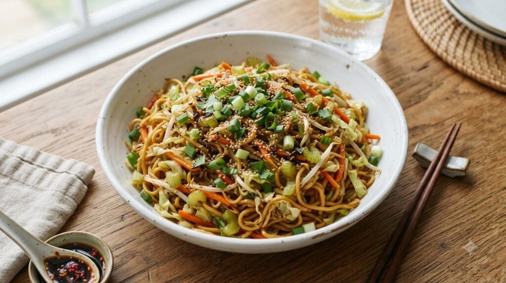 A large serving of stir-fried chow mein noodles with cabbage carrots celery and green onions served in a bowl or plate
