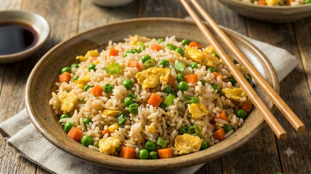 A colorful bowl of fried rice with peas carrots scrambled egg and green onions with chopsticks