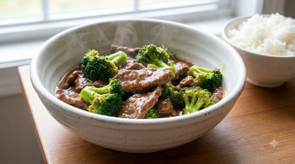 Tender slices of beef and bright green broccoli florets in a rich savory brown sauce served in a bowl