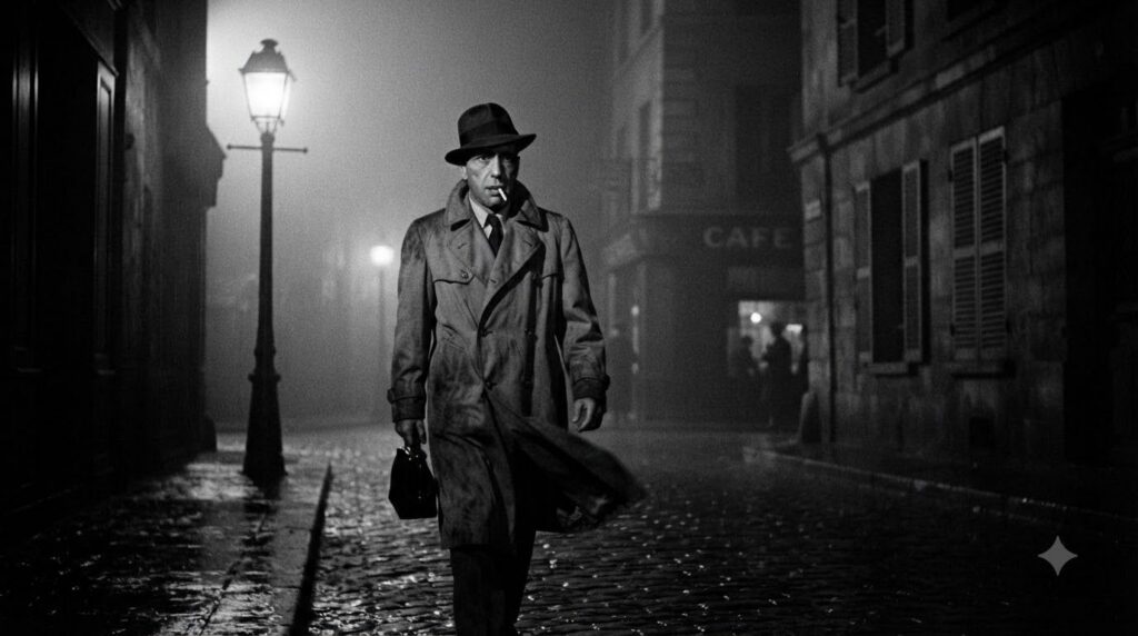A black and white still of Humphrey Bogart wearing a fedora and trench coat looking determined from a classic film