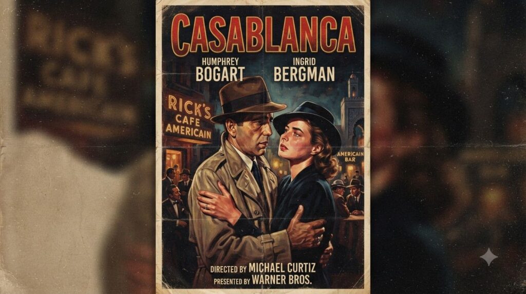 A vintage movie poster for Casablanca featuring Humphrey Bogart and Ingrid Bergman in a dramatic embrace