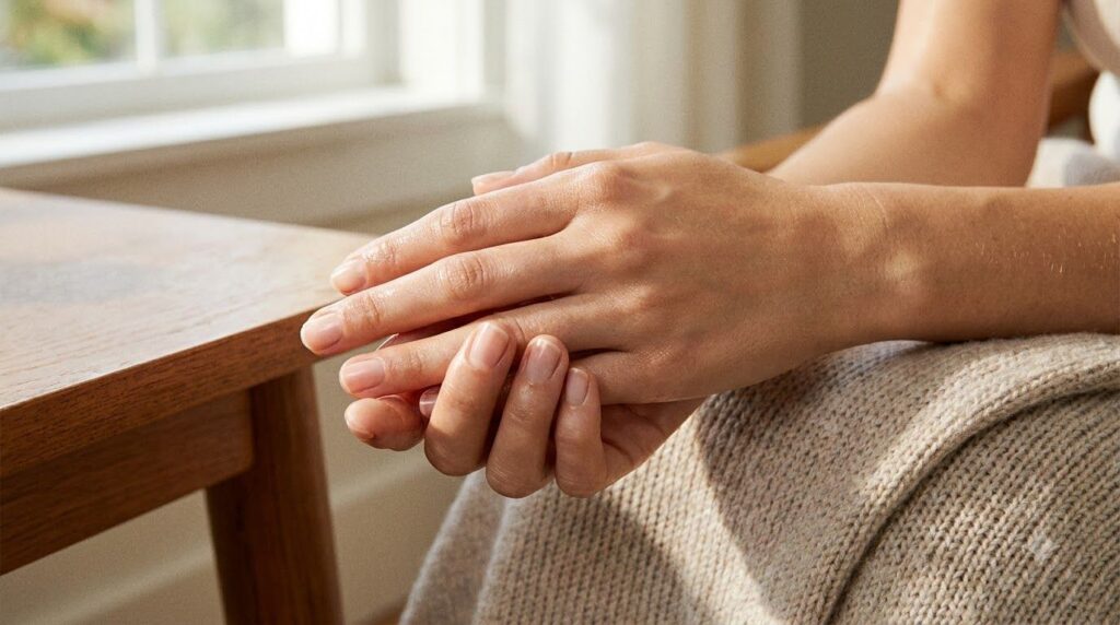 A close-up of clean smooth and moisturized hands resting gently against each other showing a healthy glow Soft natural l