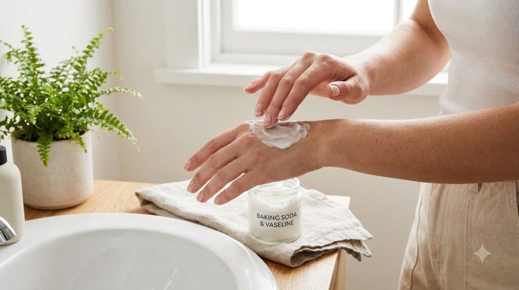 A person gently massaging the Vaseline and baking soda paste onto the back of their hand with their fingertips The hand 